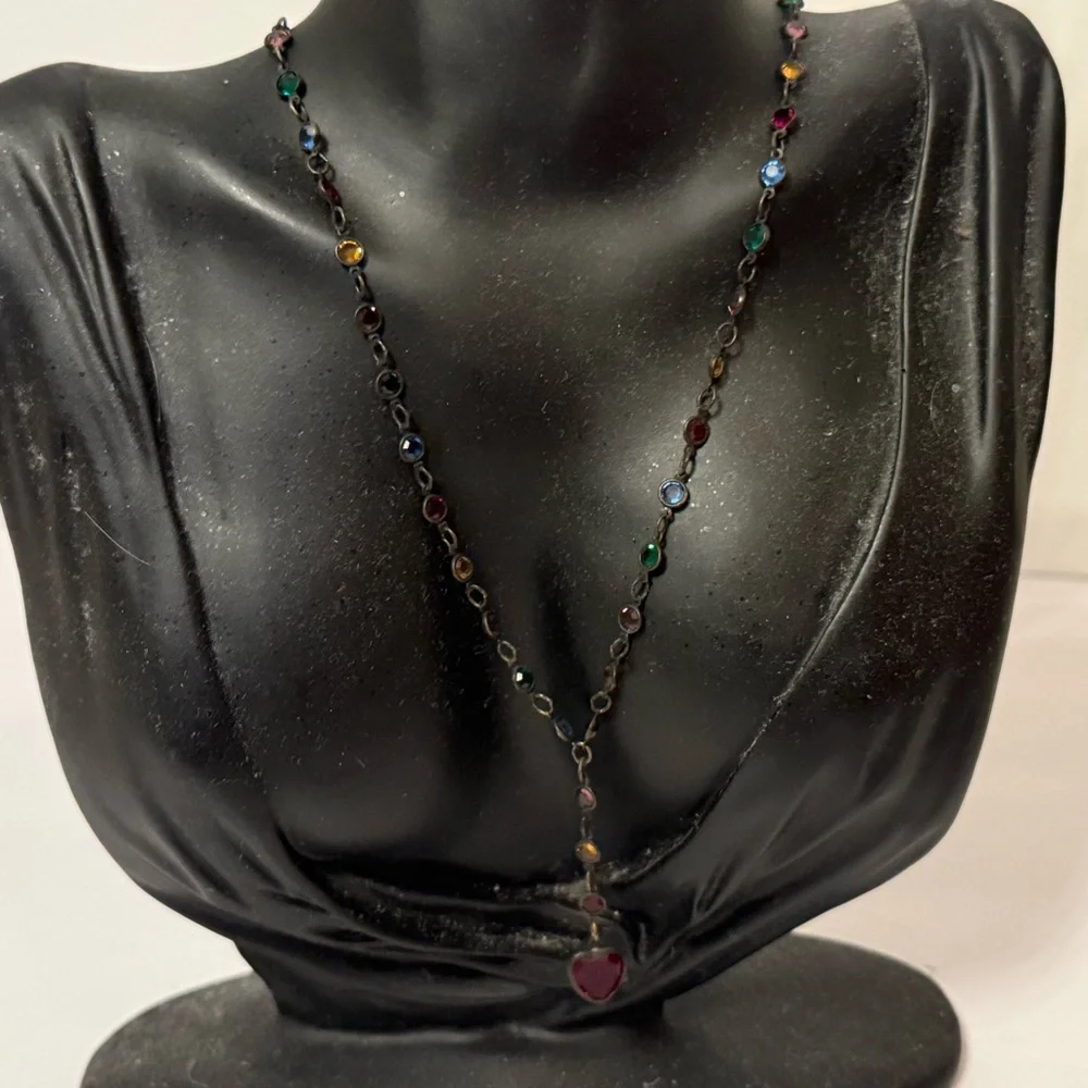 NECKLACE Y OXIDIZED BRONZE COLOR CHAIN WITH MULTI COLOR AUSTRIAN CRYSTALS USA